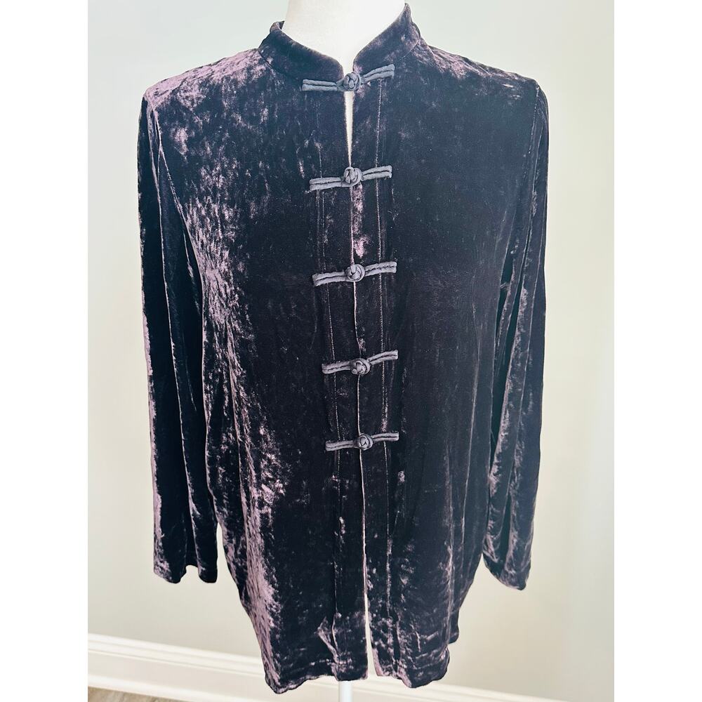 Eileen Fisher Crushed Velvet Mandarin Collar Frog Closure Top Tunic Plum SP